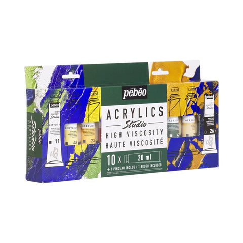 აკრილის საღებავების ნაკრები 10×20 მლ + ფუნჯი STUDIO ACRYLICS SET 10 ASSORTED 20 ML TUBES WITH BRUSH