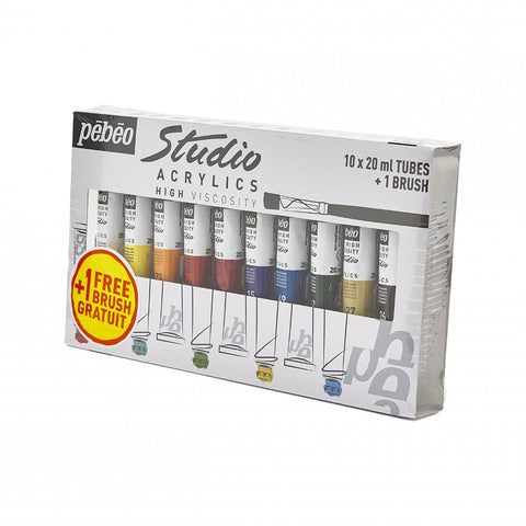 Acrylic paint set 10 colors Pebeo - STU ACRYL HV PACK10T20ML+BRUSH