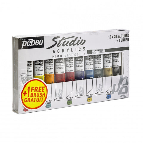 Acrylic paint set 10 colors Pebeo - STU ACRYL HV PACK10T20ML+BRUSH