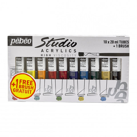 Acrylic paint set 10 colors Pebeo - STU ACRYL HV PACK10T20ML+BRUSH